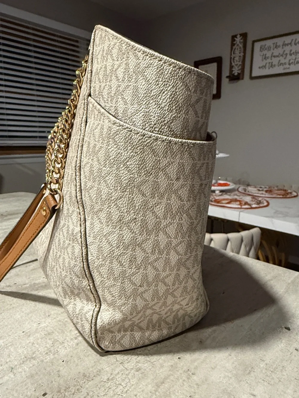 Michael Kors Beige Cream Signature Logo Tote with Gold Chain Handles
